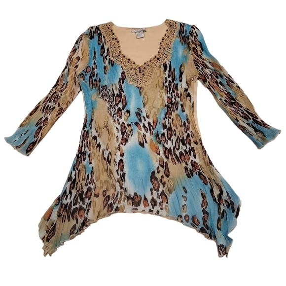 Alberto Makali Tops - ALBERTO MAKALI CROCHET, BEADED, CRINKLED ANIMAL PRINT BLOUSE